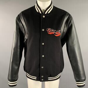 BALMAIN Size 40 Black Red White Patch Wool Faux Leather Varsity Jacket